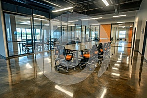 Open-plan office layout with glass-walled meeting rooms, promoting transparency, collaboration, and flexibility in the workspace