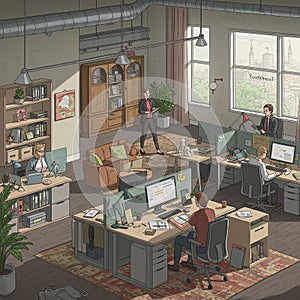 Open-plan office with multiple workstations. People of various genders are seated at photo