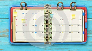 Open planner, appointments, sticky notes, wood, scheduling, planning