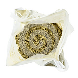 Open plastic bag with powder of stevia rebaudiana