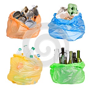 Open plastic bags with rubbish prepared for recycling