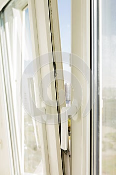 Open plastic ventilated window closeup