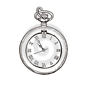 Open Pocket Watch In Vintage Style. Hand drawn ink sketch vector illustration