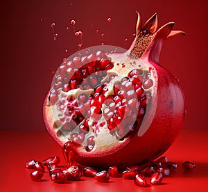 Open pomegranate with juice droplets and seeds