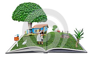 Open pop up book familyman and home in the garden 3d style, hom