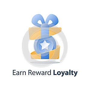 Open present box, yellow reward gift, loyalty program, earn points, collect bonus, redeem special prize