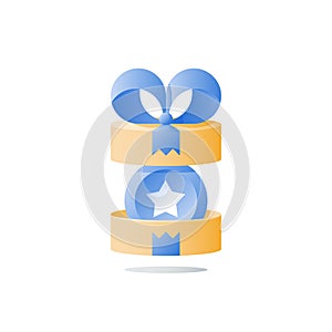 Open present box, yellow reward gift, loyalty program, earn points, collect bonus, redeem special prize