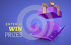 Open purple Gift Box and Confetti on blue background. Enter to Win Prizes. Vector Illustration