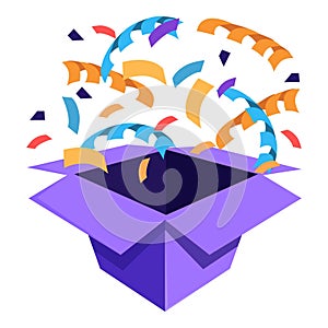 Open purple gift box exploding with colorful confetti