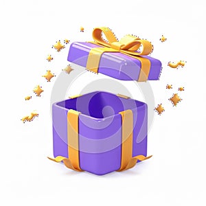 Open purple gift box with yellow ribbon and confetti exploding for celebration or surprise