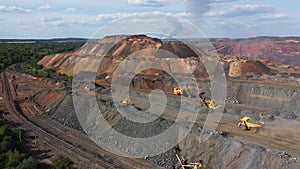 Open Quarry with heavy duty machinery. Construction industry aerial view.