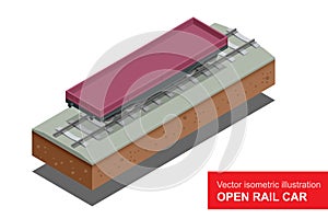 Open rail car for transportation of bulk cargoes. Rail covered wagon. Vector isometric illustration of rail covered