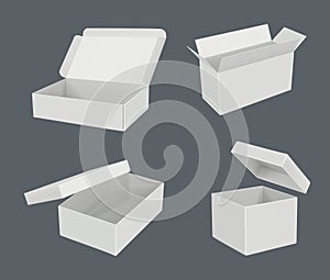 Open realistic boxes. Packages templates cardboard empty containers decent vector blank mockup