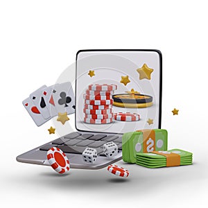 Open realistic laptop, casino elements. Concept of online betting, playing on Internet