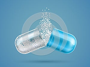 Open realistic medicine capsule. Medical pill. Half parts with cure granules. Treatment and health care. Prescription