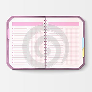 Open realistic notebook with pages diary office sheet template booklet and blank paper education copybook organizer