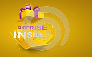 Open realistic yellow Gift Box with bow and ribbon on yellow background. Surprise inside. Vector illustration