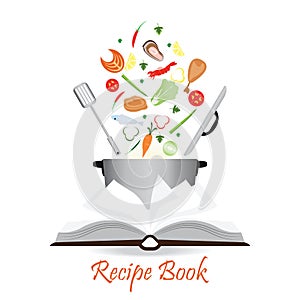 Open recipe book on white .