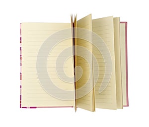 Open recycled brown note book isolated on white background with clipping path