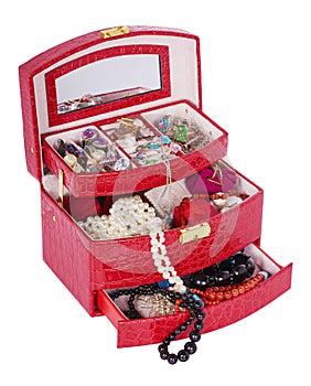 Open red box with jewelry