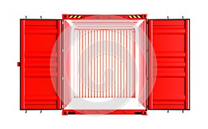 Open red cargo container with light inside