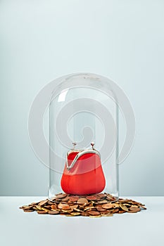 Open Red Coin Purse in glass dome on a pile of Euro coins on blue background
