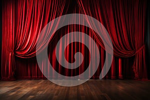 open red curtain on stage of theater, opera or cinema slightly ajar, empty scene background