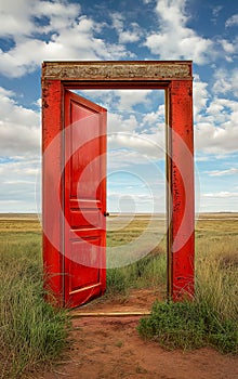 An open red door in an overgrown meadow