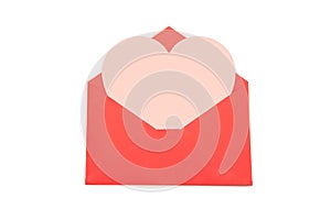 Open red envelope made of origami paper from which a pink heart flies out