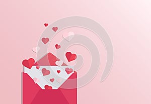 Open red envelope with paper hearts. Copy space for text. Valentine's day concept. Vector