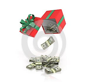 Open Red Gift Box and bundles of dollars that poured out