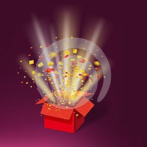 Open Red Gift Box and Colour Confetti. Bright Rays. Vector Illustration. Isolated, Template Baner, Poster