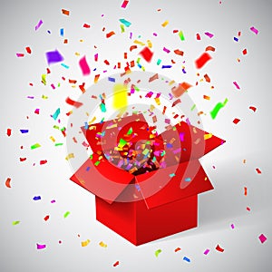 Open Red Gift Box and Confetti. Christmas Background. Vector Illustration