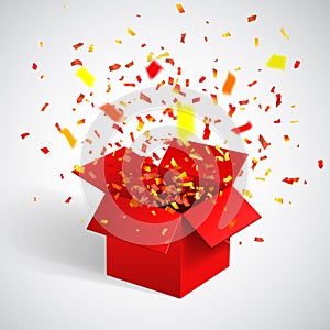 Open Red Gift Box and Confetti. Christmas Background. Vector Illustration