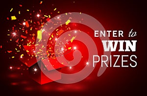 Open Red Gift Box and Confetti. Enter to Win Prizes. Vector Illustration photo