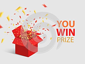 Open Red Gift Box and Confetti. You Win Prize. Vector Illustration