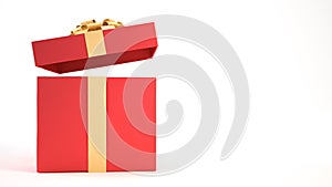 Open red gift box with gold ribbon and bow isolated on white background and copy space.