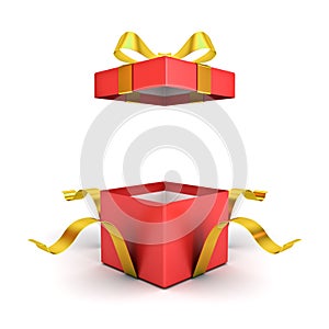 Open red gift box or present box with golden ribbon bow isolated on white background