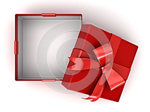 Open red gift box or present box with red ribbon bow and empty space in the box on white background