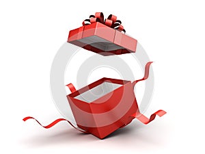 Open red gift box or present box with red ribbon bow isolated on white background