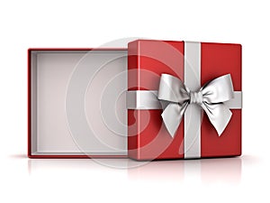 Open red gift box or present box with silver ribbon bow and empty space in the box on white background