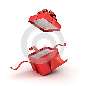 Open red gift box or red present box with red ribbons and bow isolated on white background with shadow