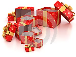 Open red gift boxes with golden ribbon over white background 3d illustration