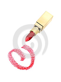 Open red lipstick golden tube with trace