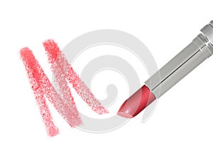Open red lipstick silver tube with trace isolated