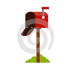 Open Red mailbox. Mail and message. Cartoon flat illustration. Work post office