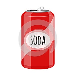 An open red soda can. Sweet soda, fast food, drink, harmful to teeth. Flat cartoon style, isolated on a white background.Color