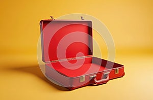 An open red suitcase is positioned against a yellow background. The case appears new and unused with a vivid interior lining