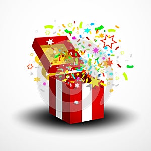 Open Red Surprise Gift Box with Confetti and Party Paper Decoration