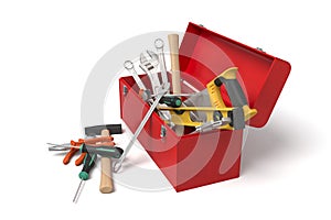 Open red toolbox with tools spilling out